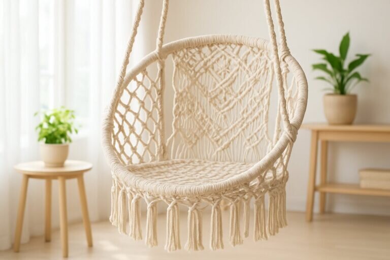 Une macramé chaise magnifiquement conçue est mise en valeur dans une pièce lumineuse et aérée, entourée de meubles en bois clair et de plantes en pot, créant une atmosphère sereine et invitante.