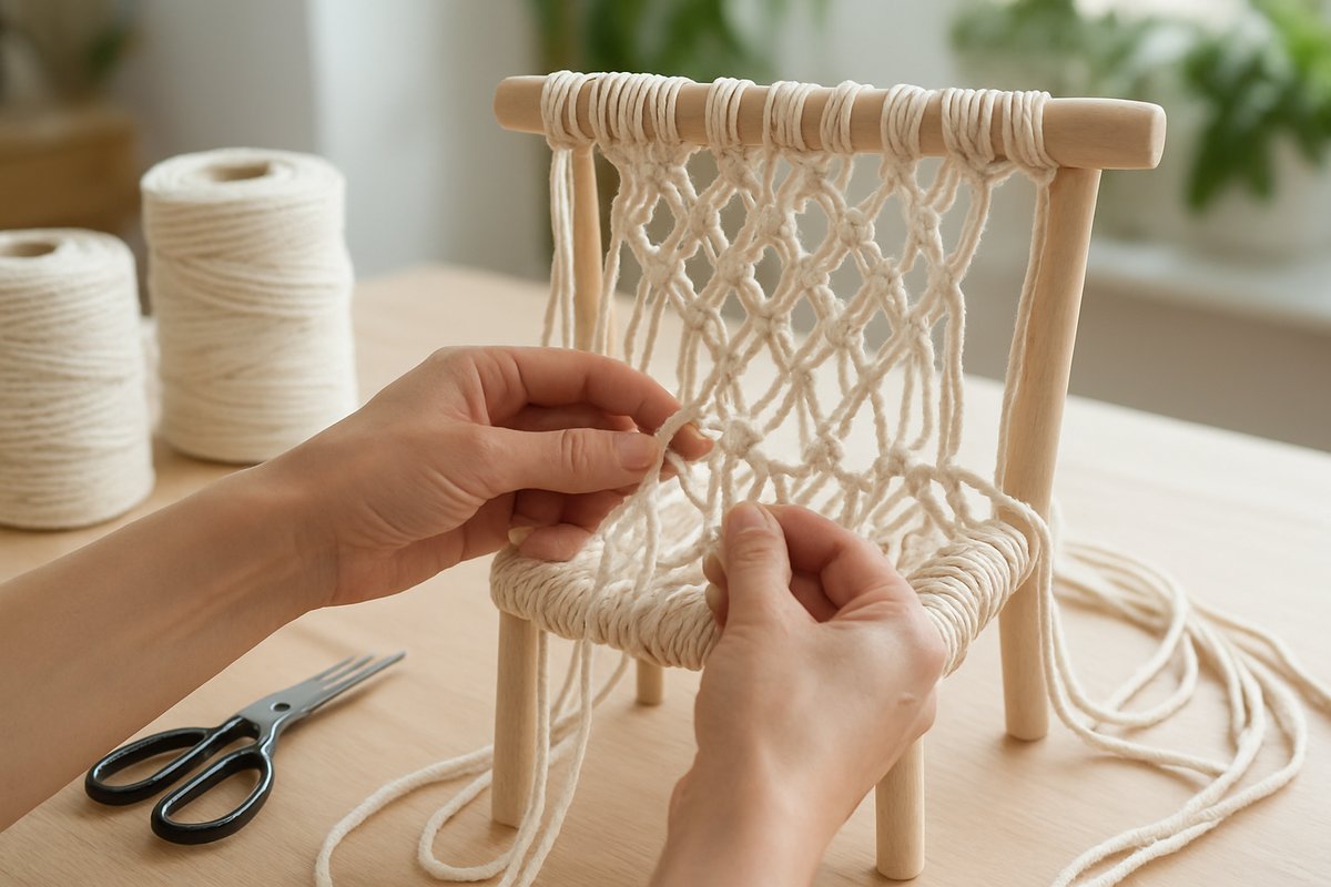Détail d'une chaise en macramé