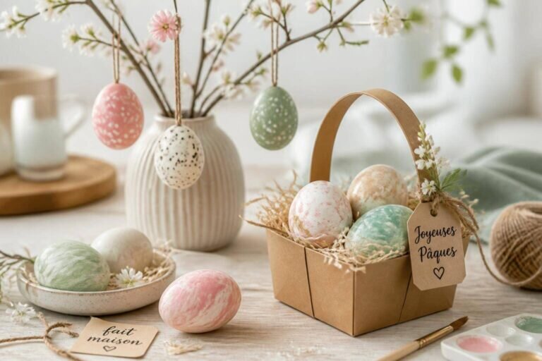 Une scène de Pâques DIY magnifiquement arrangée avec des œufs marbrés, une branche décorée dans un vase et un panier en papier kraft, éclairée par une lumière naturelle douce pour un effet élégant.