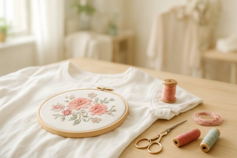 Un espace de travail lumineux et aéré met en valeur un vêtement magnifiquement brodé, parfait pour apprendre à broder sur vêtement, avec des outils d'embroidery soigneusement disposés.