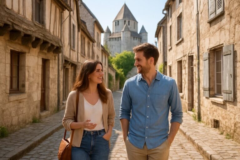 Une scène romantique de rencontre à Provins, où un couple discute en marchant dans une rue médiévale pittoresque, avec la Tour de César en arrière-plan.