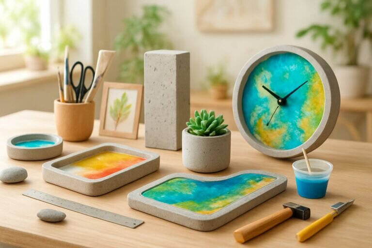 Un espace de travail lumineux et aéré met en valeur un projet DIY innovant utilisant des matériaux comme le béton léger et la résine époxy, illustrant la tendance do it yourself.