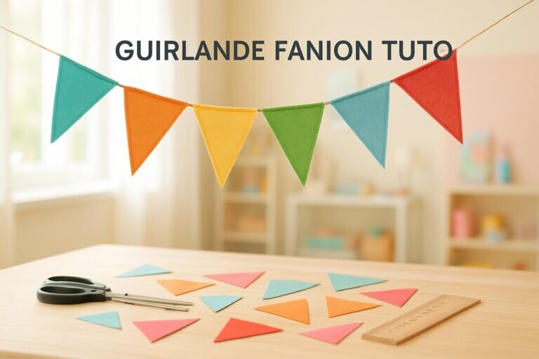Une scène magnifiquement arrangée montre une guirlande de fanions colorés suspendue dans une pièce lumineuse, capturant l'essence de 'guirlande fanion tuto' dans un cadre créatif et invitant.