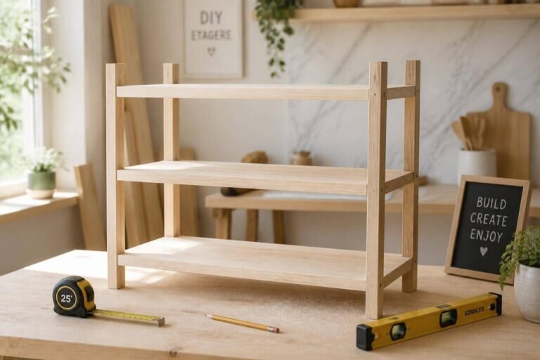 Un espace de travail DIY lumineux mettant en valeur une étagère en bois en cours de construction, illustrant la joie de créer une 'do it yourself etagere'.
